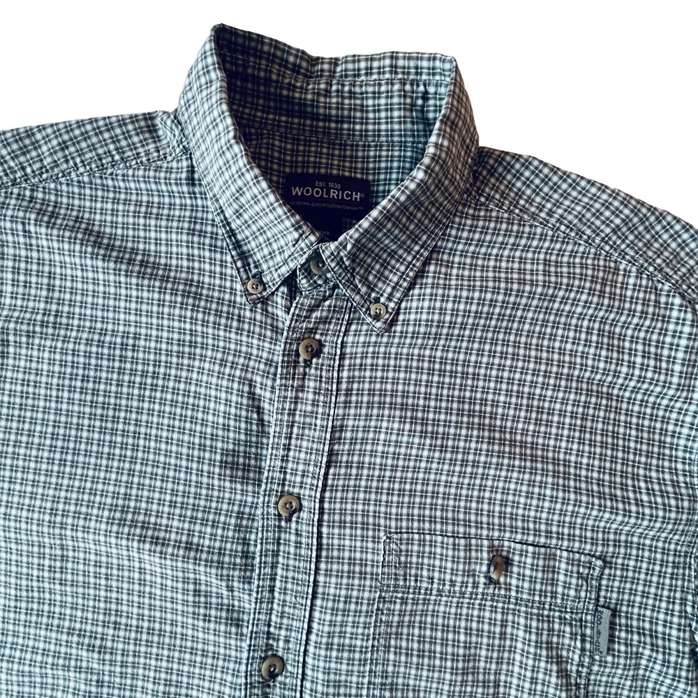 Woolrich Mens Large Green Micro Check Cotton Short Sleeve Button Down Shirt